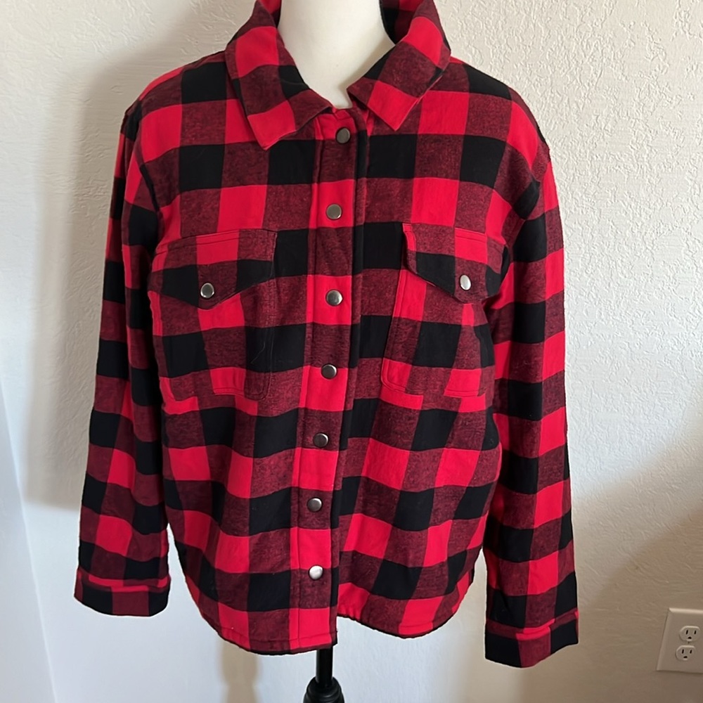 NWT Lucky Brand apparel red & black buffalo plaid snap up lined work shirt!